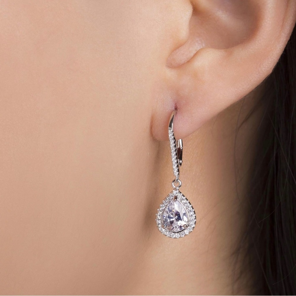 2 Carat Cubic Zirconia Teardrop Sterling Silver Dangle Earrings - Picture 3 of 3